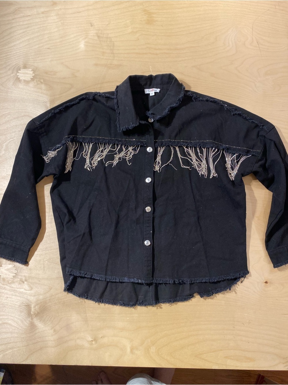 GeeGee Black Fringe Button-Up Denim Jacket Medium (RI)